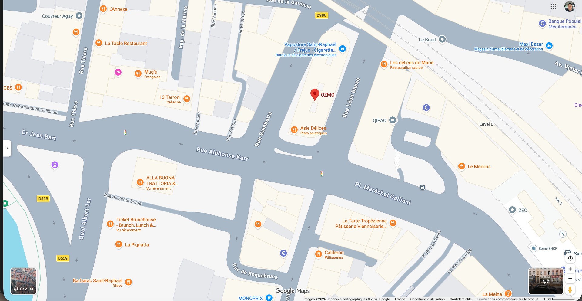 Carte de Saint-Raphaël montrant l'emplacement d'OZMO au 51 rue Gambetta